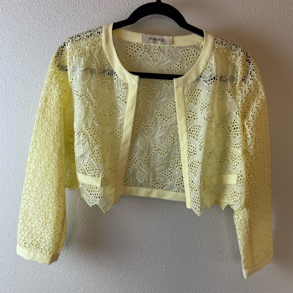 PINKO Yellow Macrame Lace Jacket Cardigan Open Front Cropped Boho Women’s Small